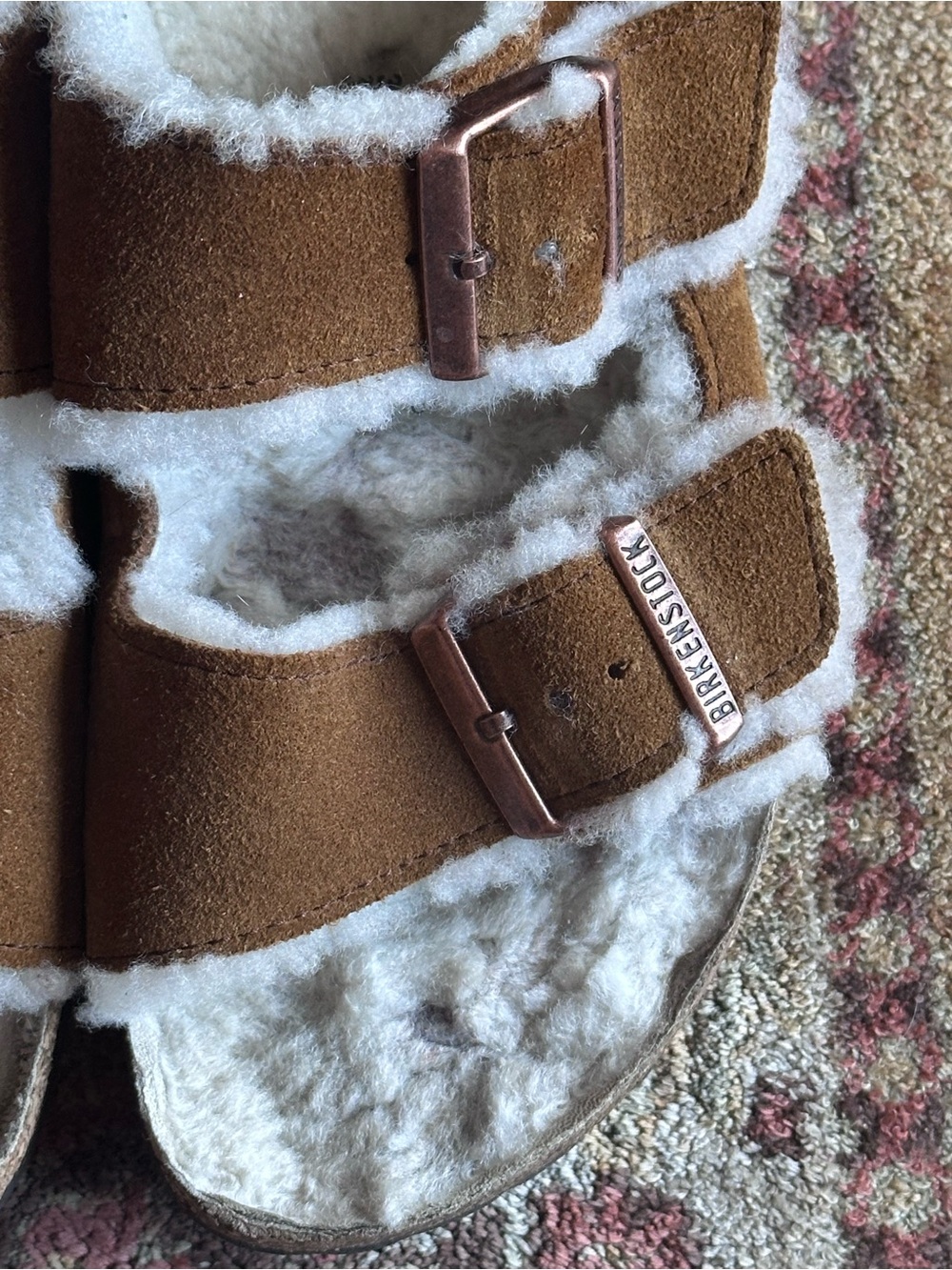 Birkenstock Suede Shearling Arizona Sandals in Chestnut and White - Picture 5 of 8
